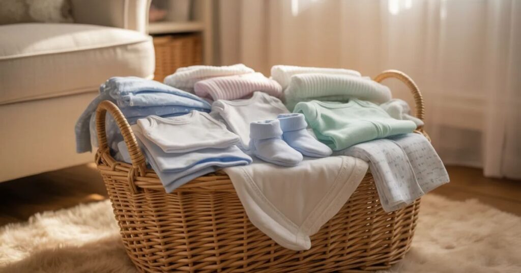 Laundry basket with baby clothes, cozy home setting