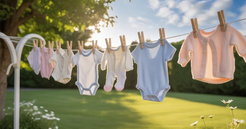 “Baby clothes drying in sunlight in a clean and fresh environment”