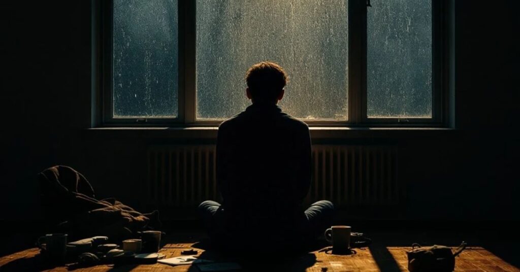 “Mental health and stress concept in America economy problems shown with isolated person watching city lights”