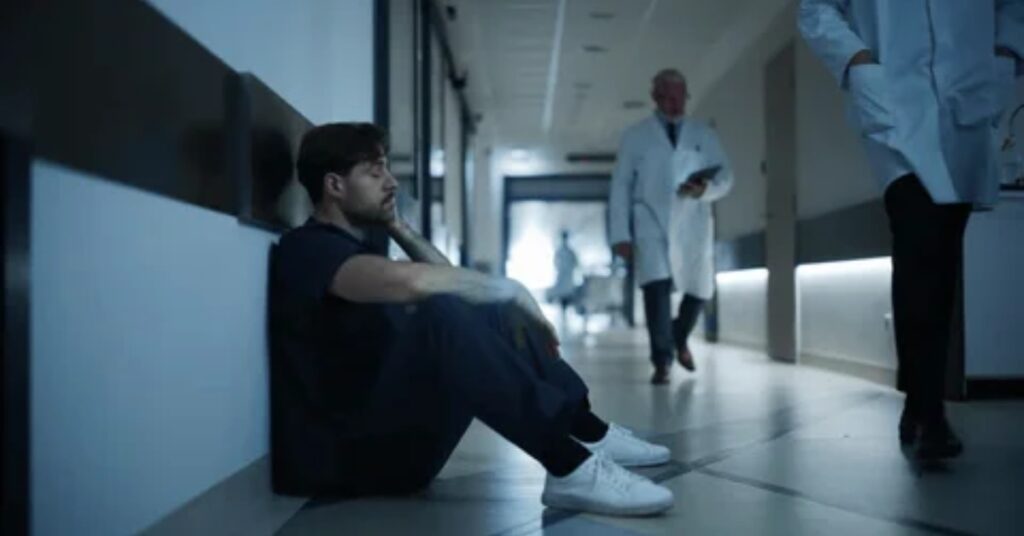 America economy problems reflected in US hospital corridor with expensive medical bills and worried patient facing healthcare cost pressure