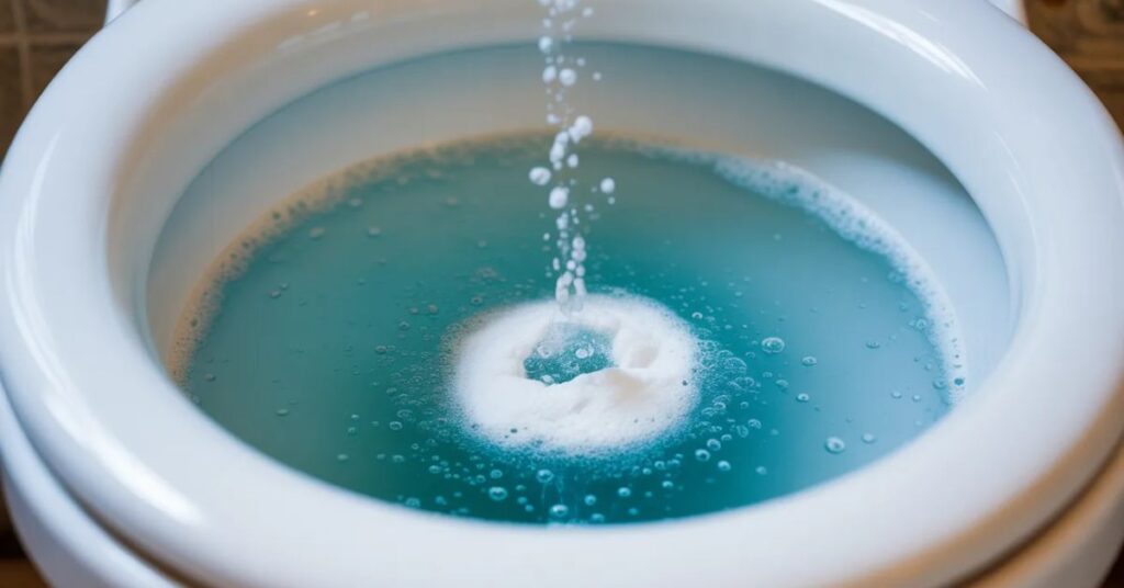 A close-up realistic image of a white toilet bowl showing a natural cleaning reaction with baking soda and vinegar fizzing inside, creating active bubbles and foam. The scene is set in a clean modern bathroom, representing an eco-friendly and hygienic cleaning concept with high-detail macro photography and a fresh, sanitary atmosphere.