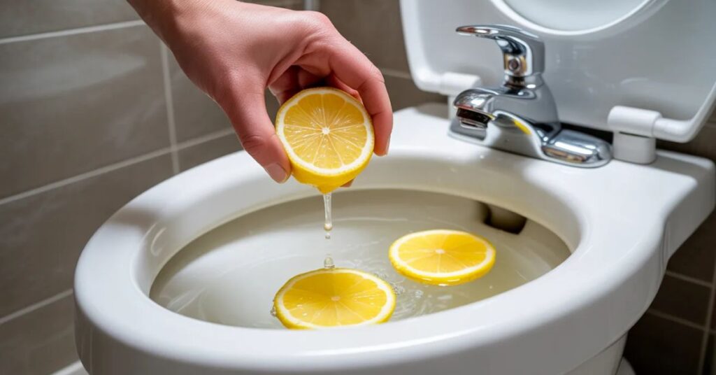 A realistic close-up image of fresh lemon slices being squeezed into a toilet bowl, symbolizing natural cleaning and freshness. The scene is set in a bright, modern bathroom with clean surfaces and soft lighting, capturing an eco-friendly hygiene concept in high-detail photography style.