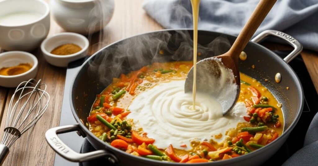 “Adding yogurt into vegetable biryani mixture and stirring for creamy blended curry base in cooking pot”