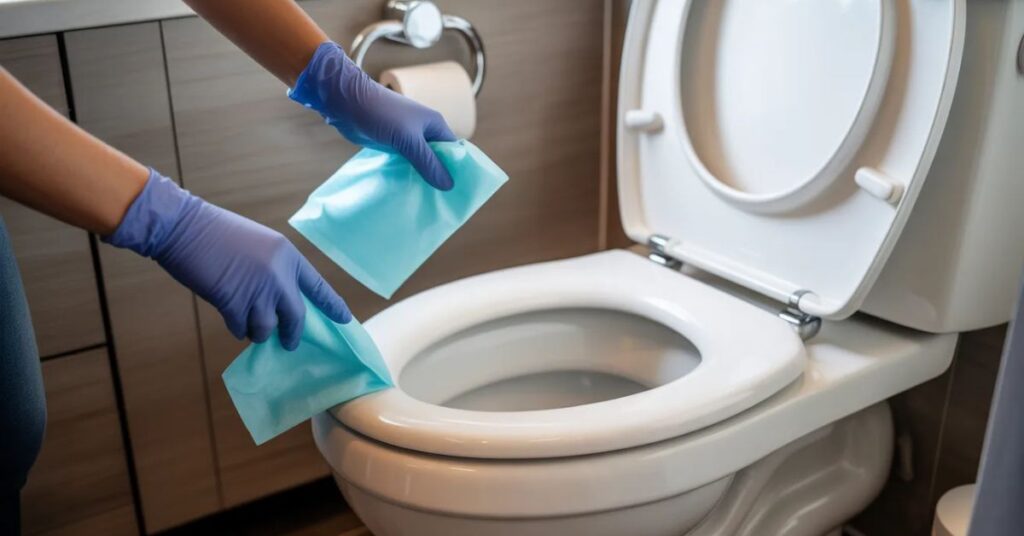 A realistic image of a person wearing gloves disinfecting a toilet seat, lid, and flush handle using antibacterial wipes. The scene is set in a clean modern bathroom, showing a hygiene and germ protection concept with soft lighting and professional photography style.