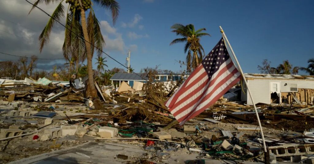 “Extreme weather in USA showing America economy problems with hurricane, wildfire and environmental destruction”