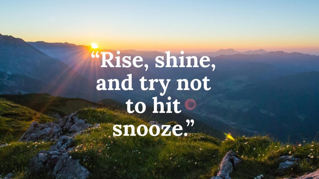 Rise, shine, and try not to hit snooze funny morning quote bringing humor, light motivation, and a cheerful start to the day.