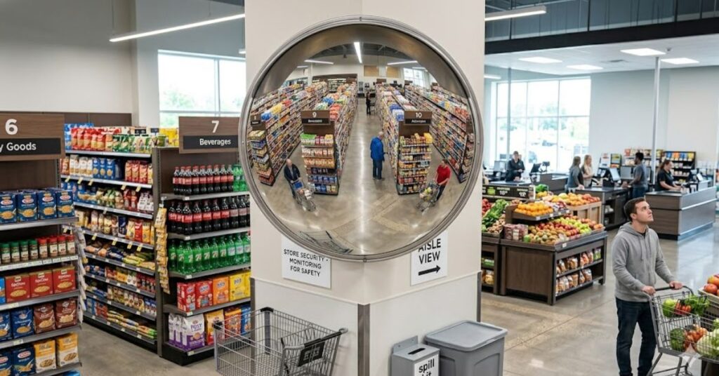 security mirror in shop showing wide-angle view for surveillance