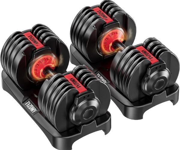 “Adjustable dumbbells used for home strength training workouts, showing multiple weight settings for fitness, muscle building, and fat loss exercises.”