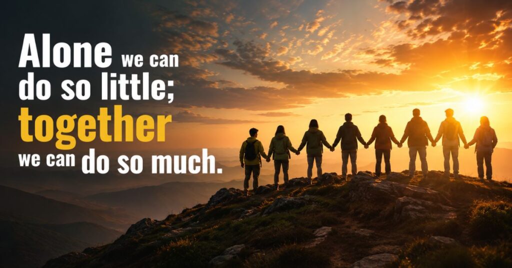 office teamwork motivational quotes with team standing together at sunrise