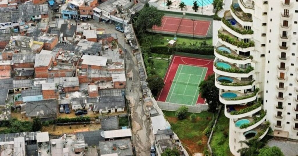 “Wealth gap in America economy problems concept showing luxury buildings and struggling neighborhoods”