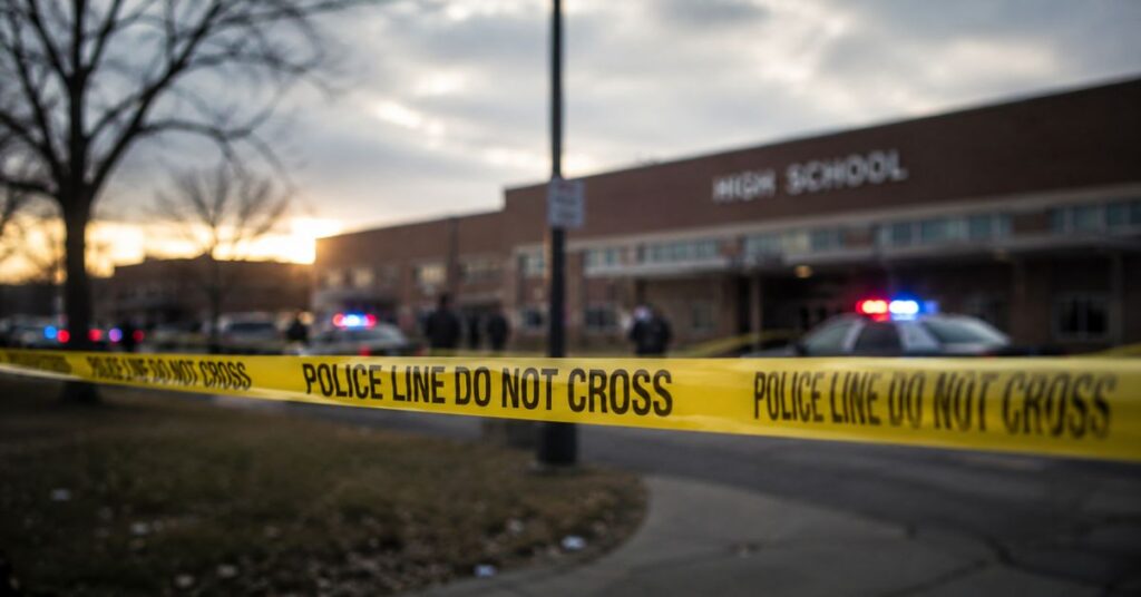“America economy problems reflected in blurred school building behind police tape symbolizing gun violence concerns in the United States”