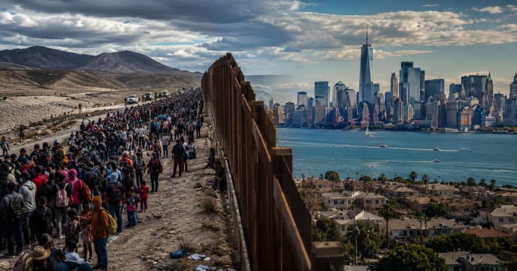 “America economy problems reflected in split scene of immigration crowd at border fence and modern American city skyline showing immigration debate”