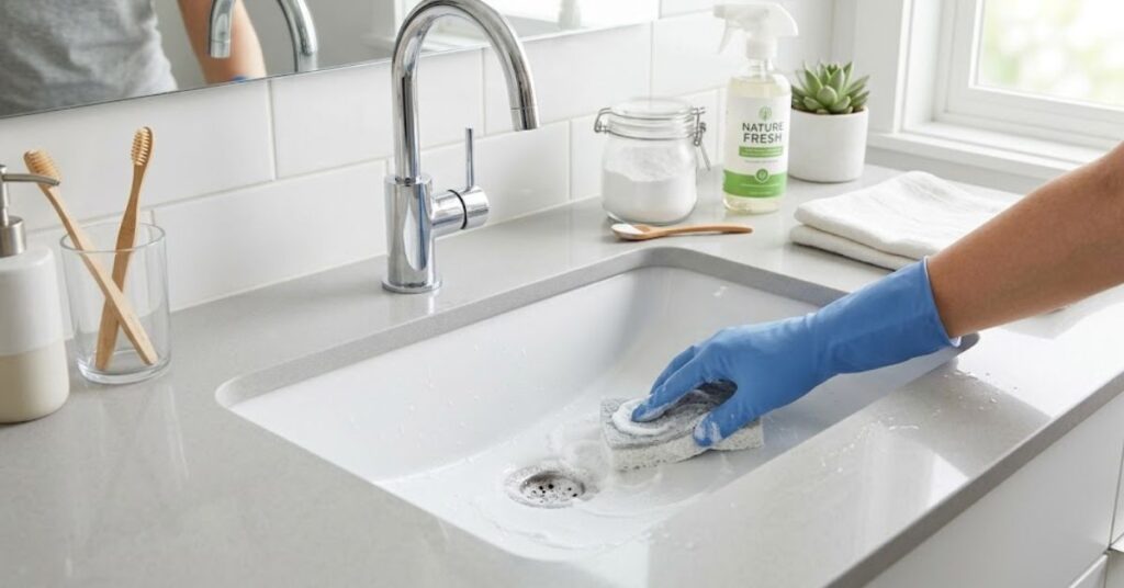 A gloved hand uses a sponge and baking soda paste to clean a white bathroom sink in a bright, modern setting.