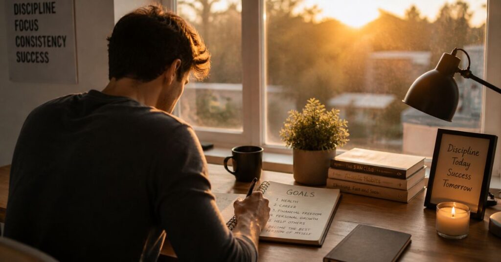 A young person sitting at a clean desk in the early morning, writing goals in a notebook as sunlight streams through the window, calm minimalist environment symbolizing life reset, self-improvement, and productivity.
