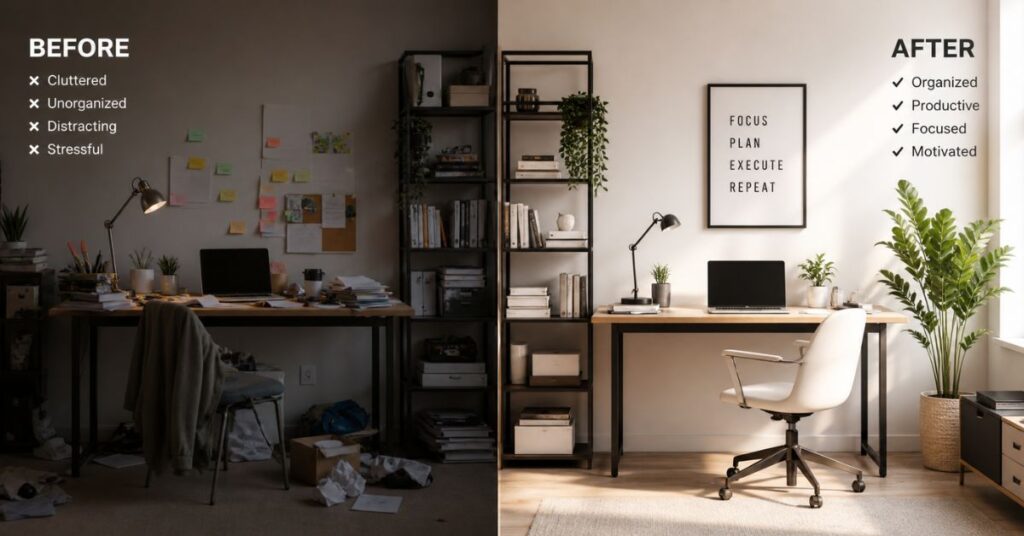 “Before and after transformation of a modern room showing a shift from a cluttered, disorganized workspace to a clean, minimal, and neatly organized desk setup with arranged books, indoor plants, and soft cinematic lighting representing productivity and lifestyle improvement.”