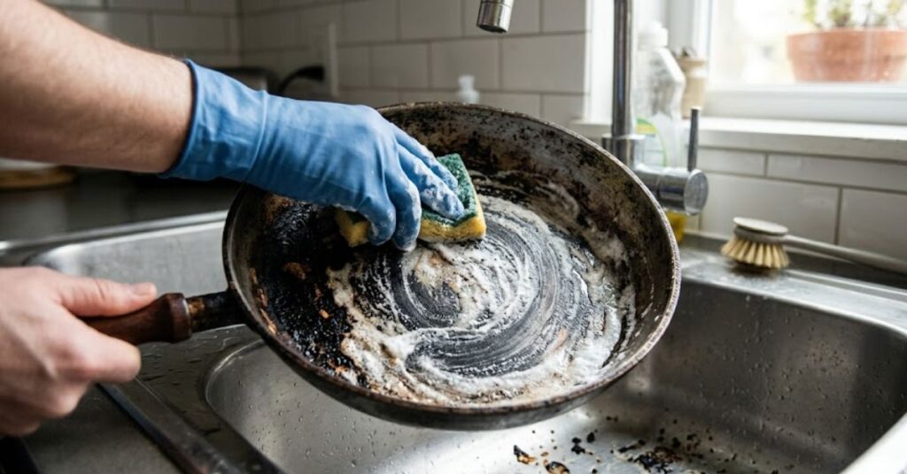 A gloved hand uses a sponge and baking soda paste to scrub a burnt frying pan over a kitchen sink.