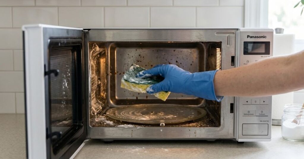 A gloved hand uses a sponge and baking soda paste to clean the interior of a microwave.