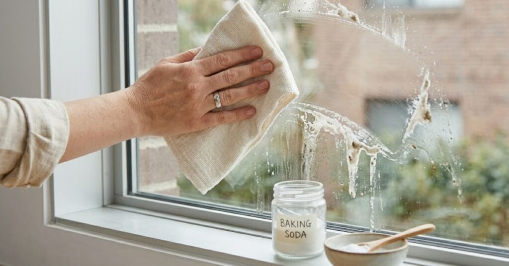 A hand uses a cloth to wipe a glass window with a baking soda paste, with a jar of baking soda nearby.