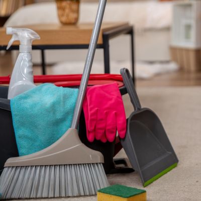 home cleaning supplies organized for fast house cleaning routine