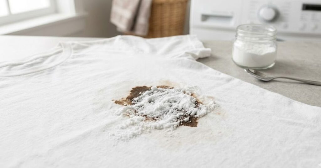 Baking soda paste applied to a stain on a white shirt in a laundry room setting.