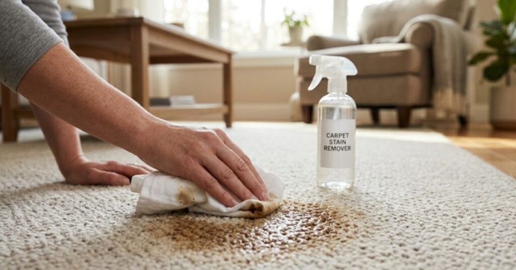A person's hands are shown blotting a dark brown coffee stain on a light beige textured carpet using a white cloth, with a bottle of "CARPET STAIN REMOVER" nearby in a living room.