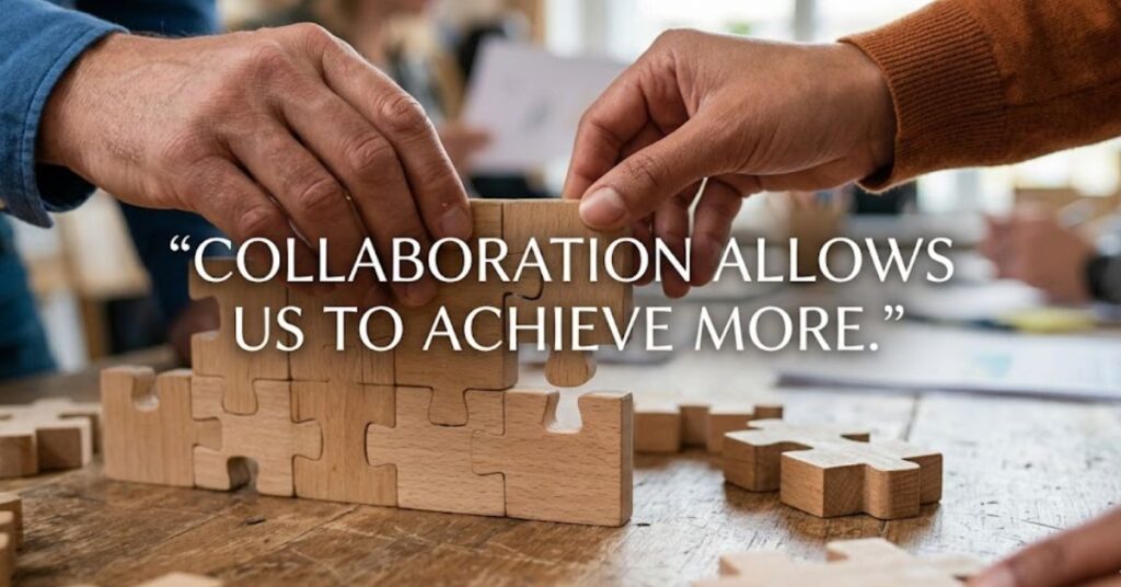 positive work environment quotes with smiling team in workspace