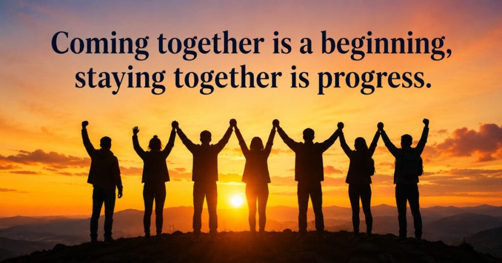 office teamwork motivational quotes with group achieving success on hill
