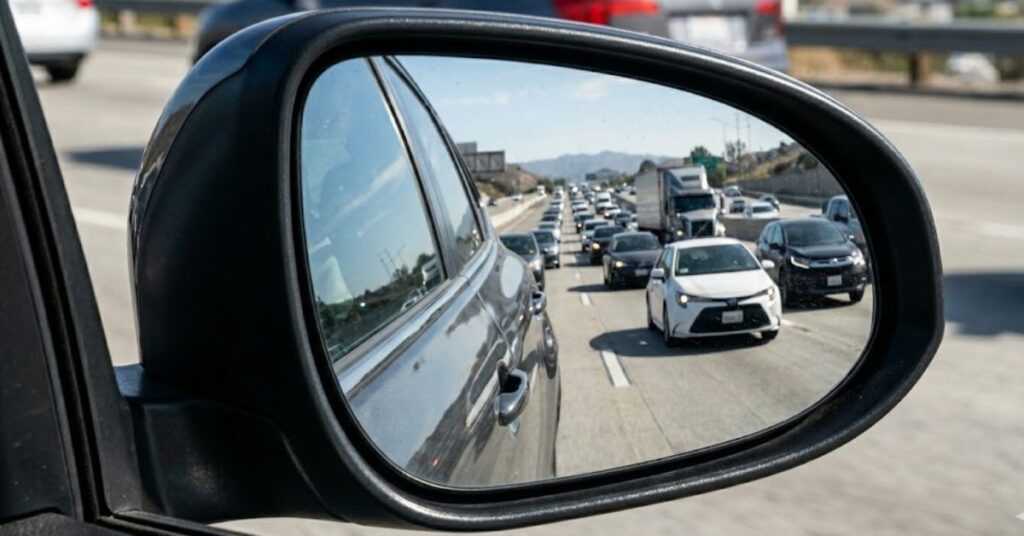 convex mirror uses in vehicles showing car side mirror with wide-angle traffic view