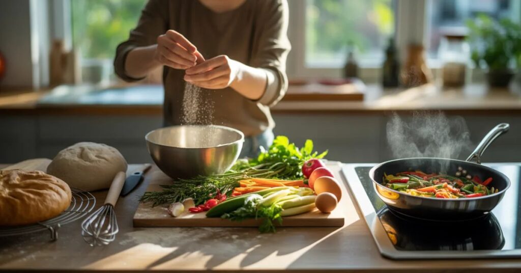 A person preparing fresh ingredients in a sunlit modern kitchen, sprinkling seasoning into a mixing bowl with vegetables and herbs arranged on a wooden counter, alongside dough, eggs, and a pan of sautéing colorful vegetables.