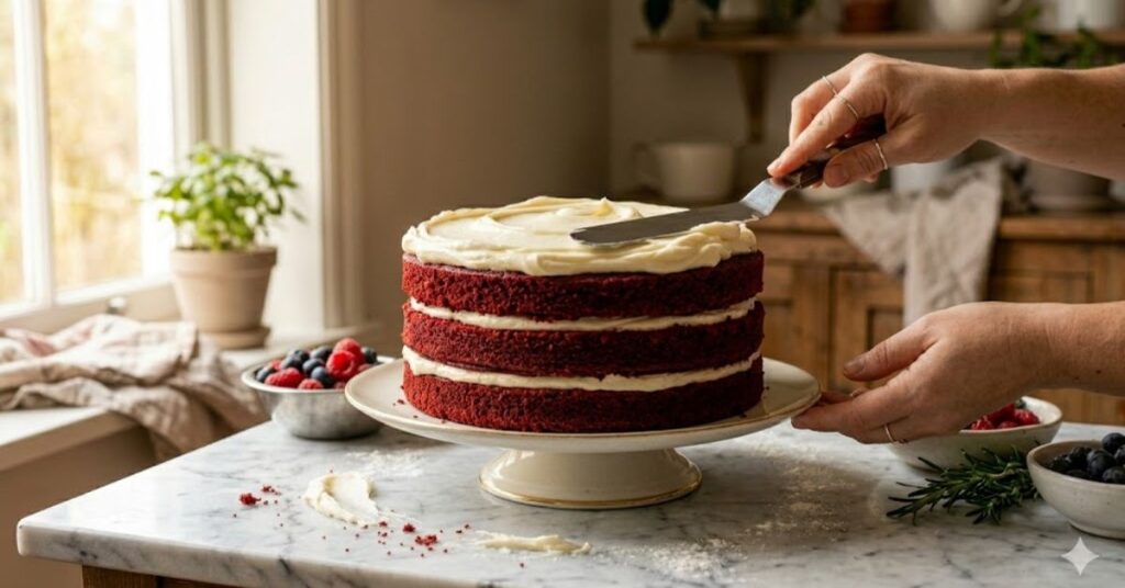 A baker spreading smooth cream cheese frosting over layered red velvet cake with a spatula in a professional kitchen