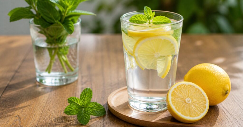 A clear glass of fresh water with lemon slices inside, placed on a clean bright background, representing hydration and healthy lifestyle in a minimal, realistic photography style.