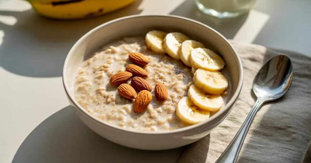 Healthy oatmeal breakfast bowl with banana slices and almonds for day 1 diet plan