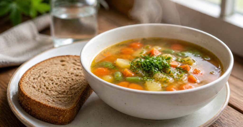 Hyper-realistic vegetable soup in white bowl with whole wheat bread on wooden table in warm natural light