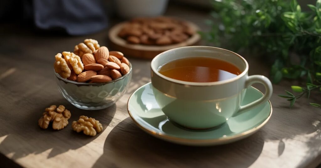 Green tea with almonds and walnuts healthy evening snack for day 1 diet plan