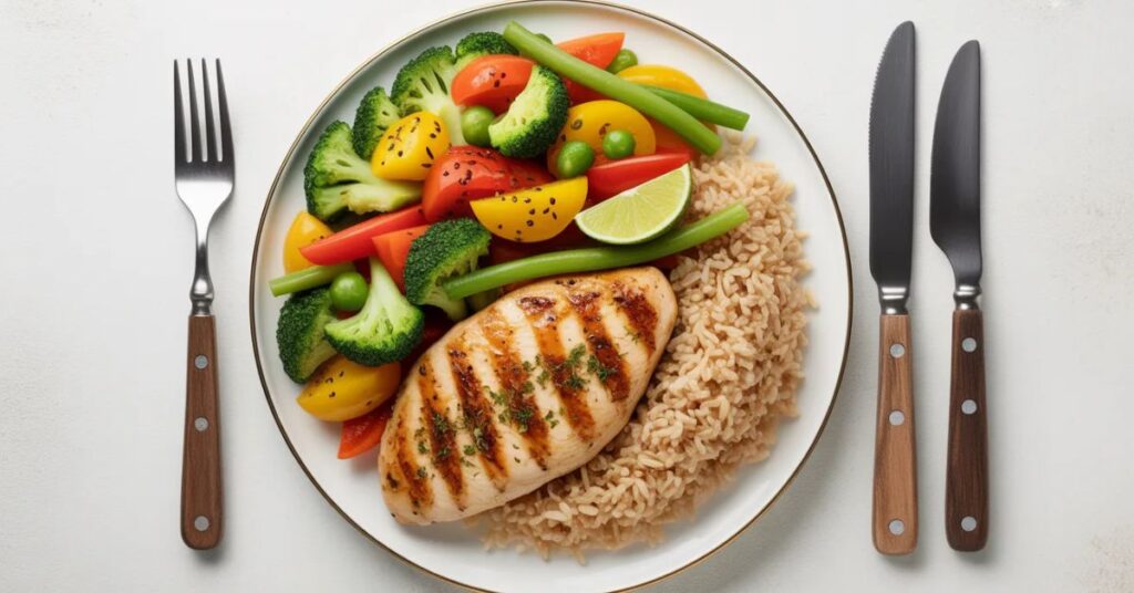 Grilled chicken with brown rice and steamed vegetables healthy day 1 diet plan lunch meal