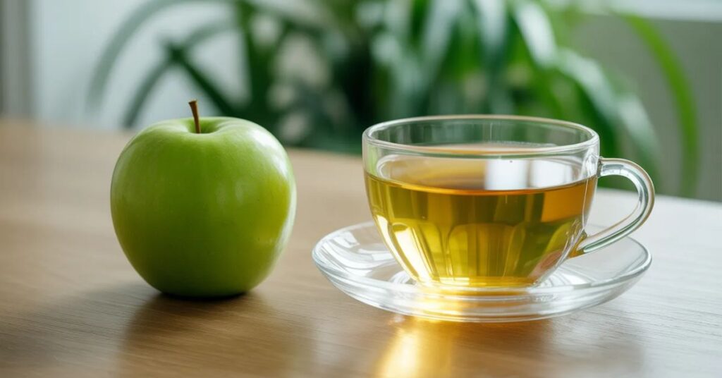 Fresh green apple with green tea cup for healthy day 1 diet plan snack