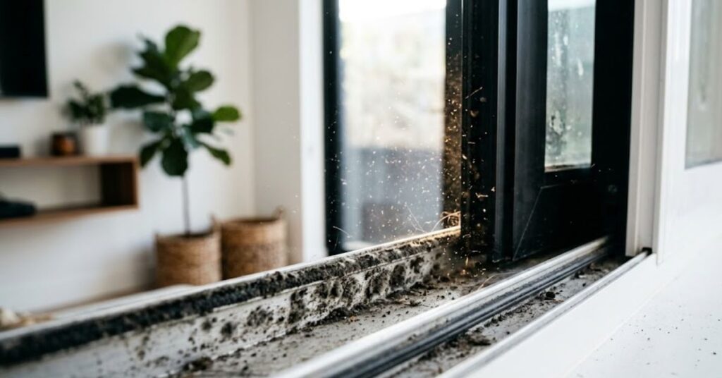 "A close-up of a modern home's open sliding window track, heavily soiled with dark dirt and dust particles."