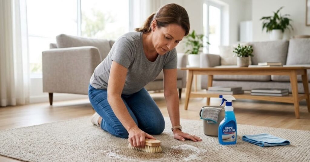A woman in a grey t-shirt and jeans is kneeling on a beige area rug and scrubbing a foam stain with a wooden-handled brush, next to a bottle of carpet deep cleaner.