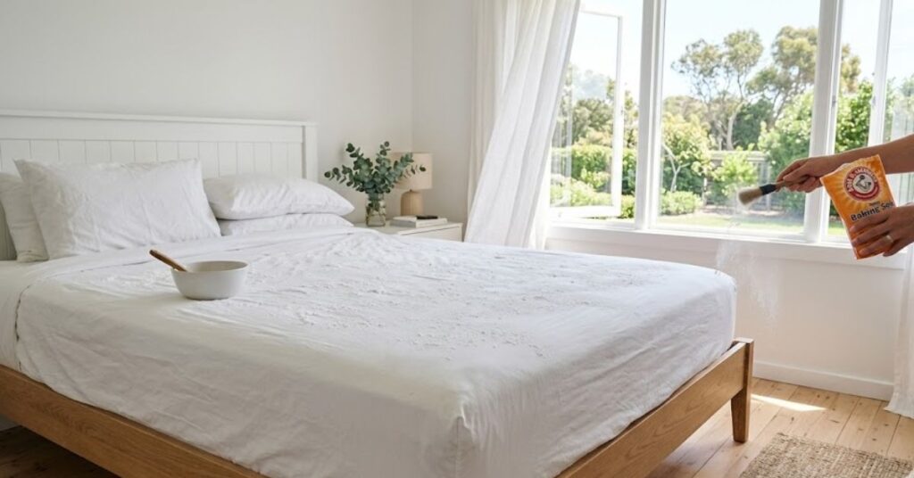 A hand sprinkles baking soda onto a clean white mattress in a bright, airy bedroom.