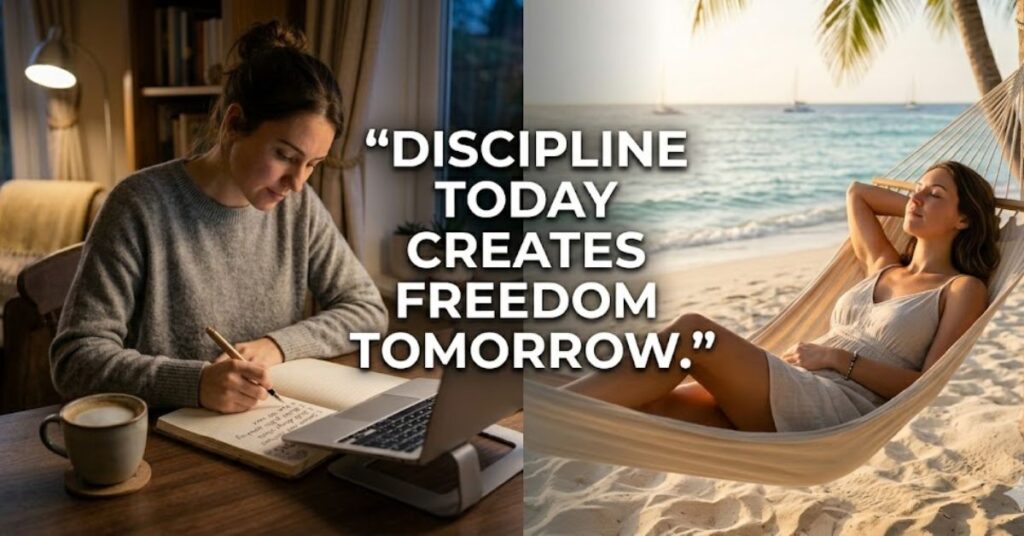 split scene showing work and relaxation beach symbolizing discipline leads to freedom success mindset