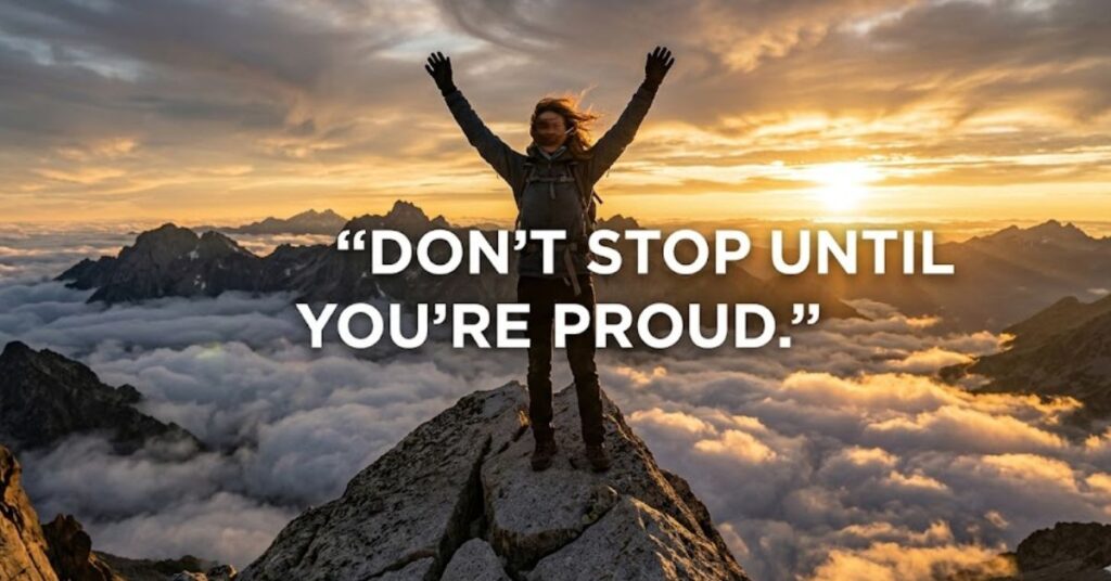 person standing on mountain peak at sunrise showing achievement and motivation for success and never giving up
