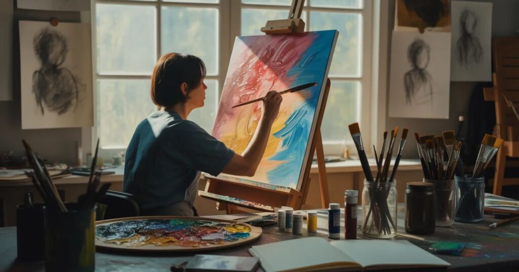 A calm, realistic art studio scene with soft natural daylight coming through a large window.