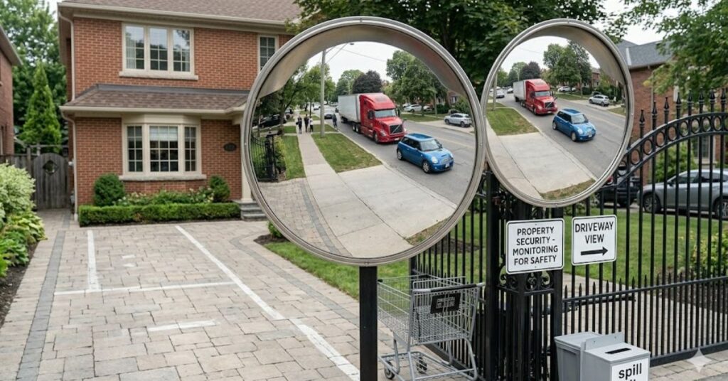 convex mirror in residential driveway helping drivers see incoming traffic