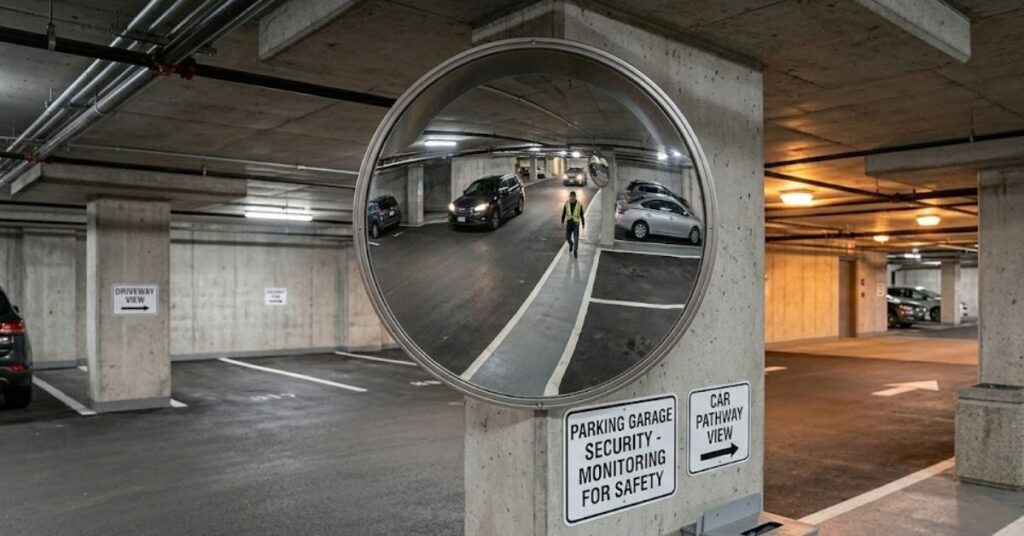 convex mirror in parking garage improving visibility and safety