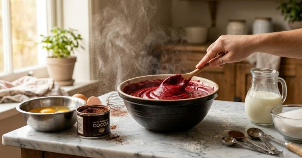 Ingredients and red velvet cake batter being mixed in a kitchen bowl with flour, cocoa, eggs, and buttermilk on a wooden counter