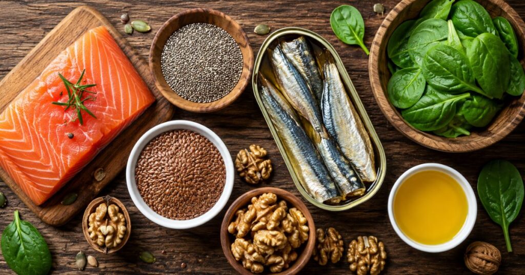 Flat lay of omega-3 rich foods including salmon, sardines, walnuts, flaxseeds, chia seeds, and spinach arranged on a rustic wooden table with natural lighting