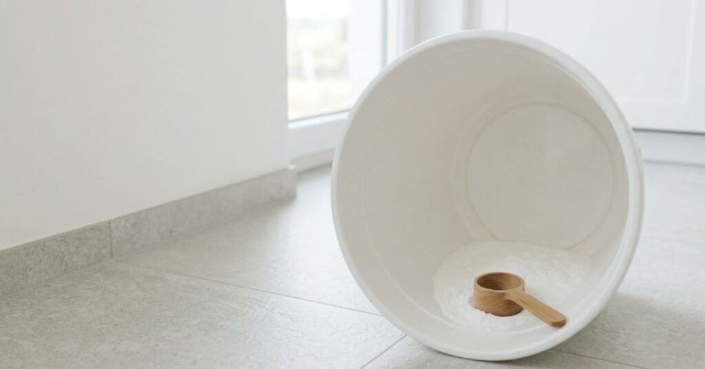 A clean white trash bin rests on a light-colored floor, with a wooden scoop of baking soda placed at the bottom for freshening.