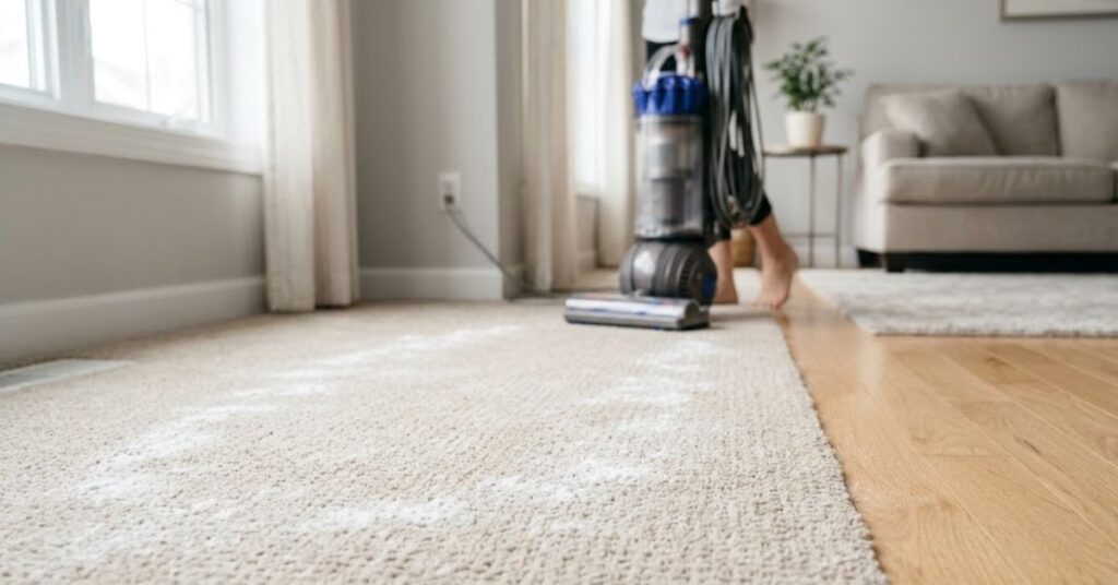 Baking soda is lightly sprinkled on a beige carpet in a bright, modern living room with a vacuum cleaner in the background.