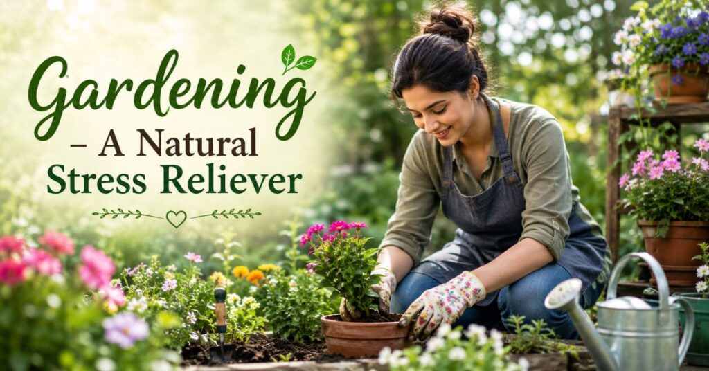 A woman gardening in a lush green garden, planting colorful flowers in a pot with tools nearby, symbolizing gardening as a natural stress reliever.