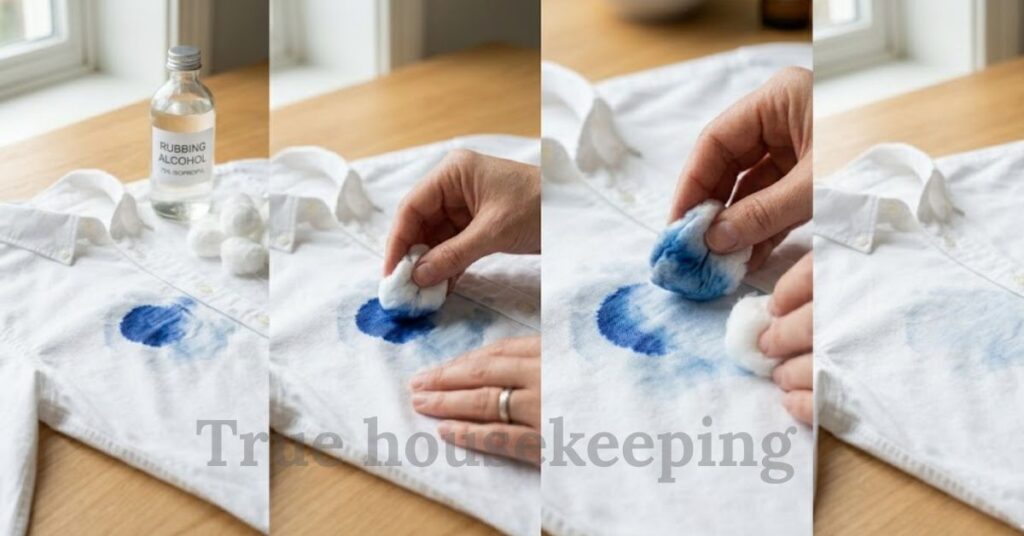 A four-panel sequence showing a blue ink stain removal process. A hand uses rubbing alcohol to dab the stain, which progressively lightens until it's almost gone.